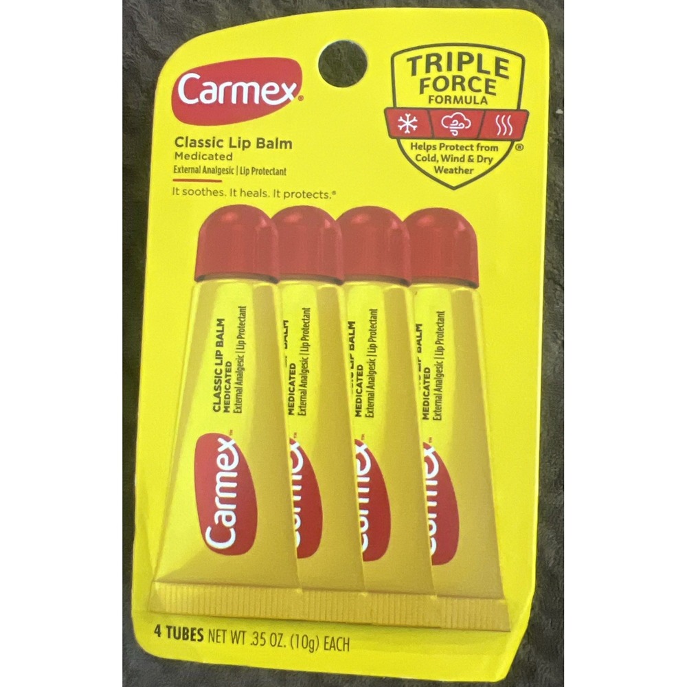 Carmex Classic Lip Balm Tubes 4 Count Moisturizer, Triple Force Formula